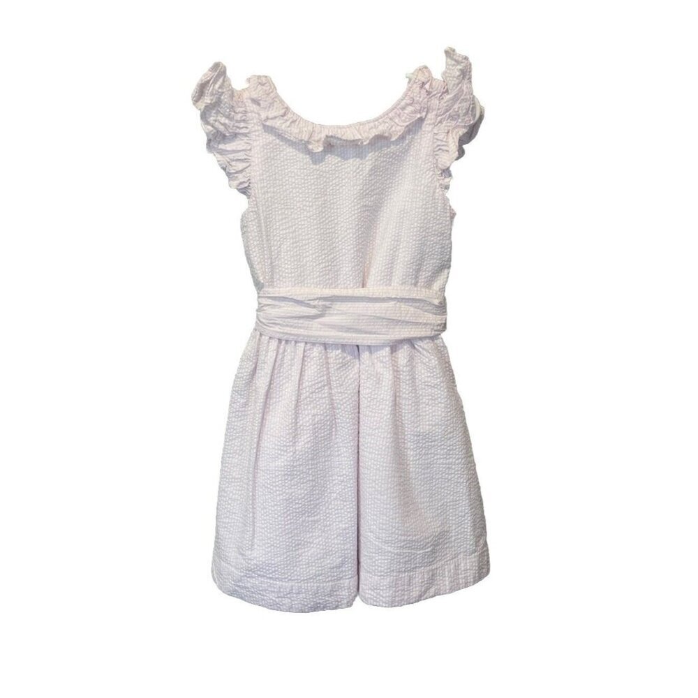 Crewcuts Striped Seersucker Ruffled Shoulder Dress Girls Size 4 Pink Sun Summer
